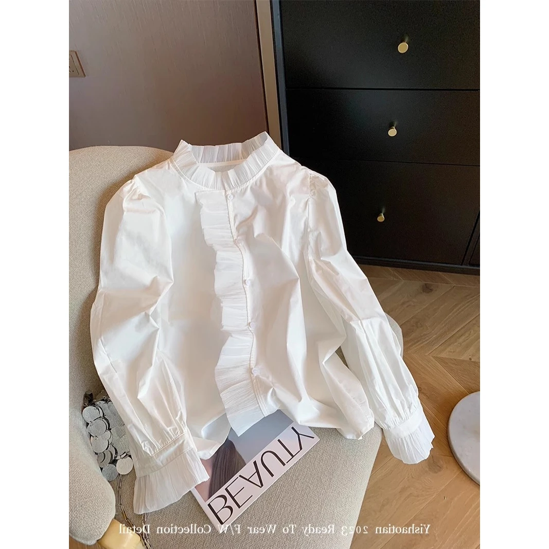 法式宫廷风木耳边白色立领衬衫女春W2025设计感小众时尚气质衬衣