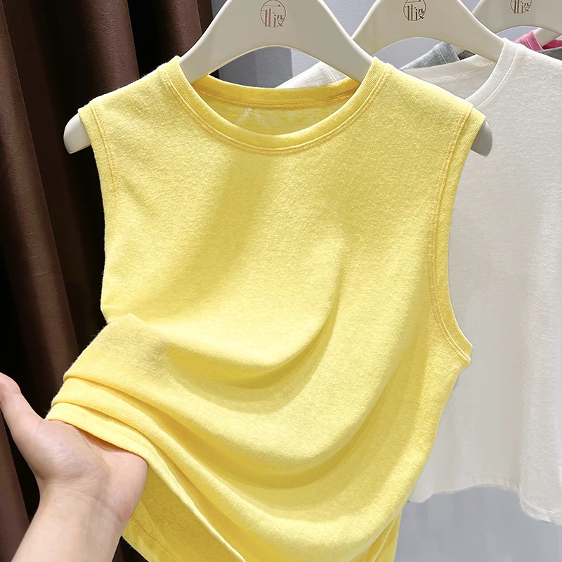 黄色圆领背心夏季2025爆款高级感洋气通勤无袖外穿上衣宽松打底女