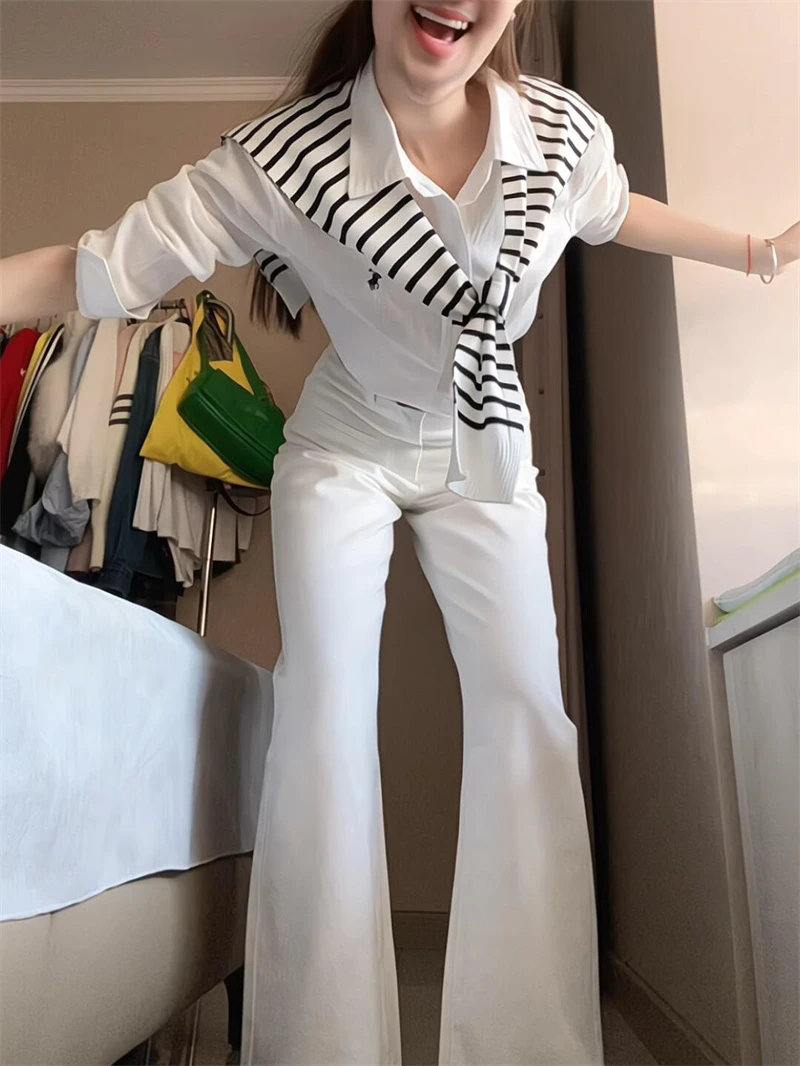 春夏季新款2025大方得体穿搭一整套宽松小刺绣衬衫上衣条纹披肩女