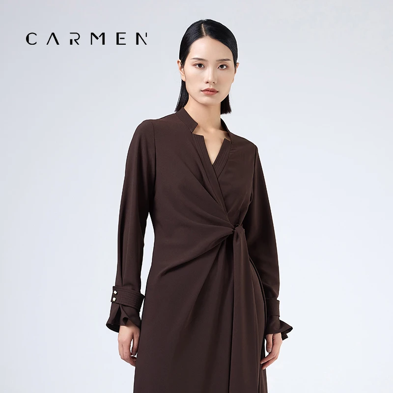 Carmen高端大牌扭结绑带V领咖色长袖连衣裙CA2COP0898