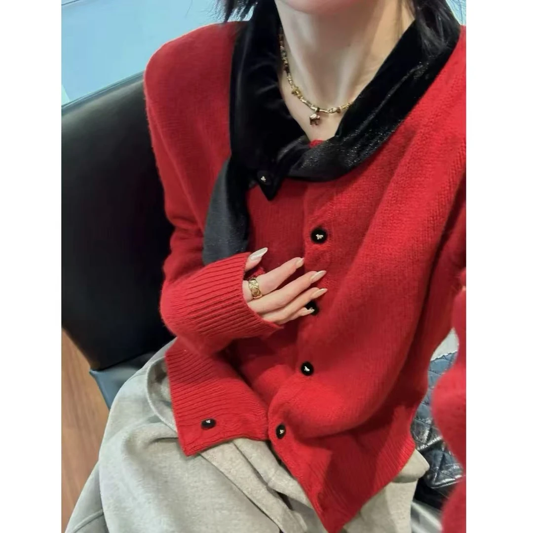 【丝绒领巾】新年氛围感 气质单排扣麻花门襟针织开衫2625