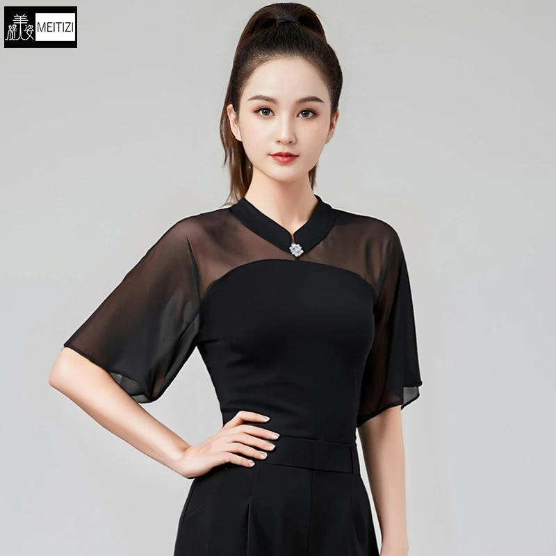 新款摩登舞服气质女上衣水沙喇叭中袖拉丁舞练功服交谊舞舞蹈服