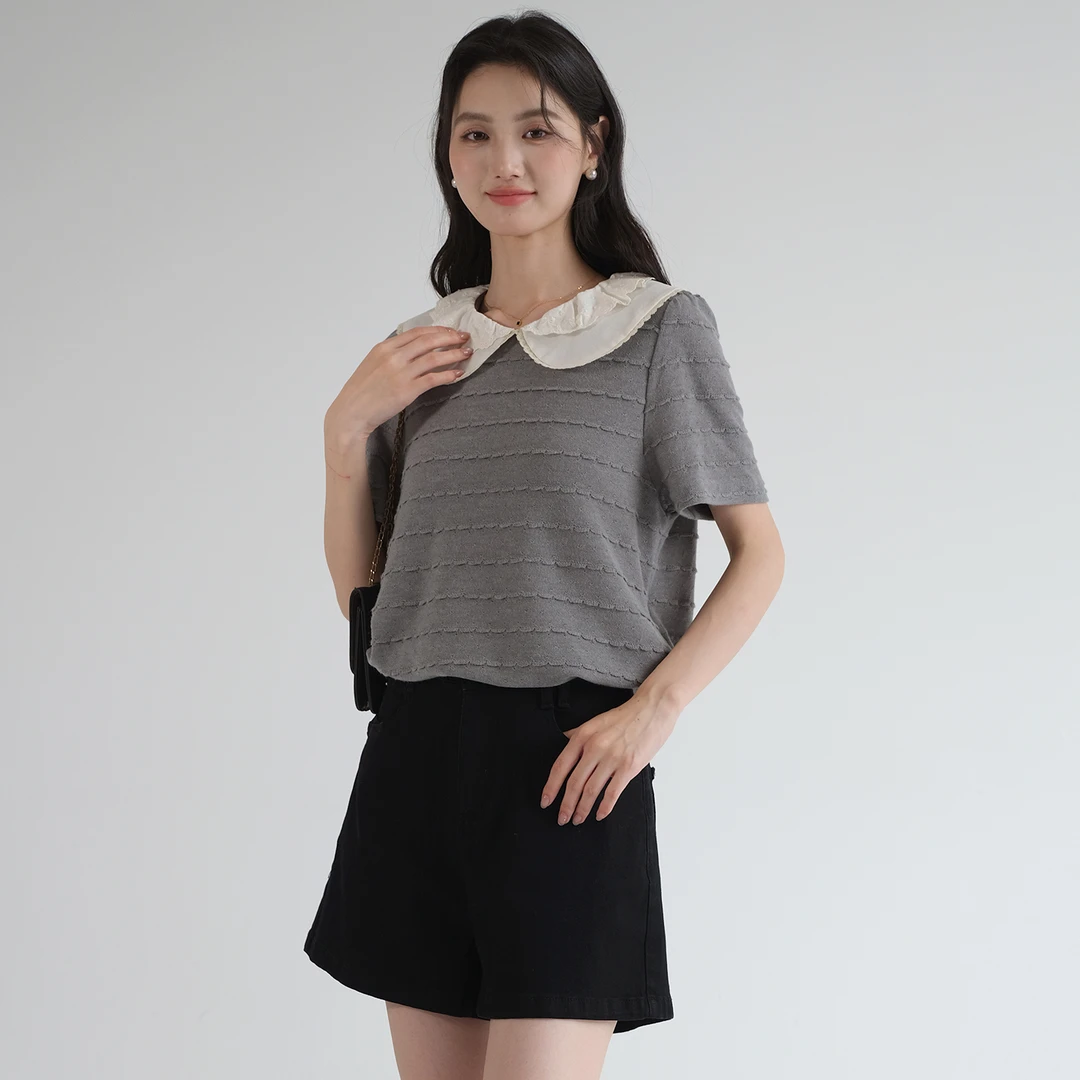 【勾边娃娃领针织T恤】蓝若水大码夏新款小众减龄提花上衣87059