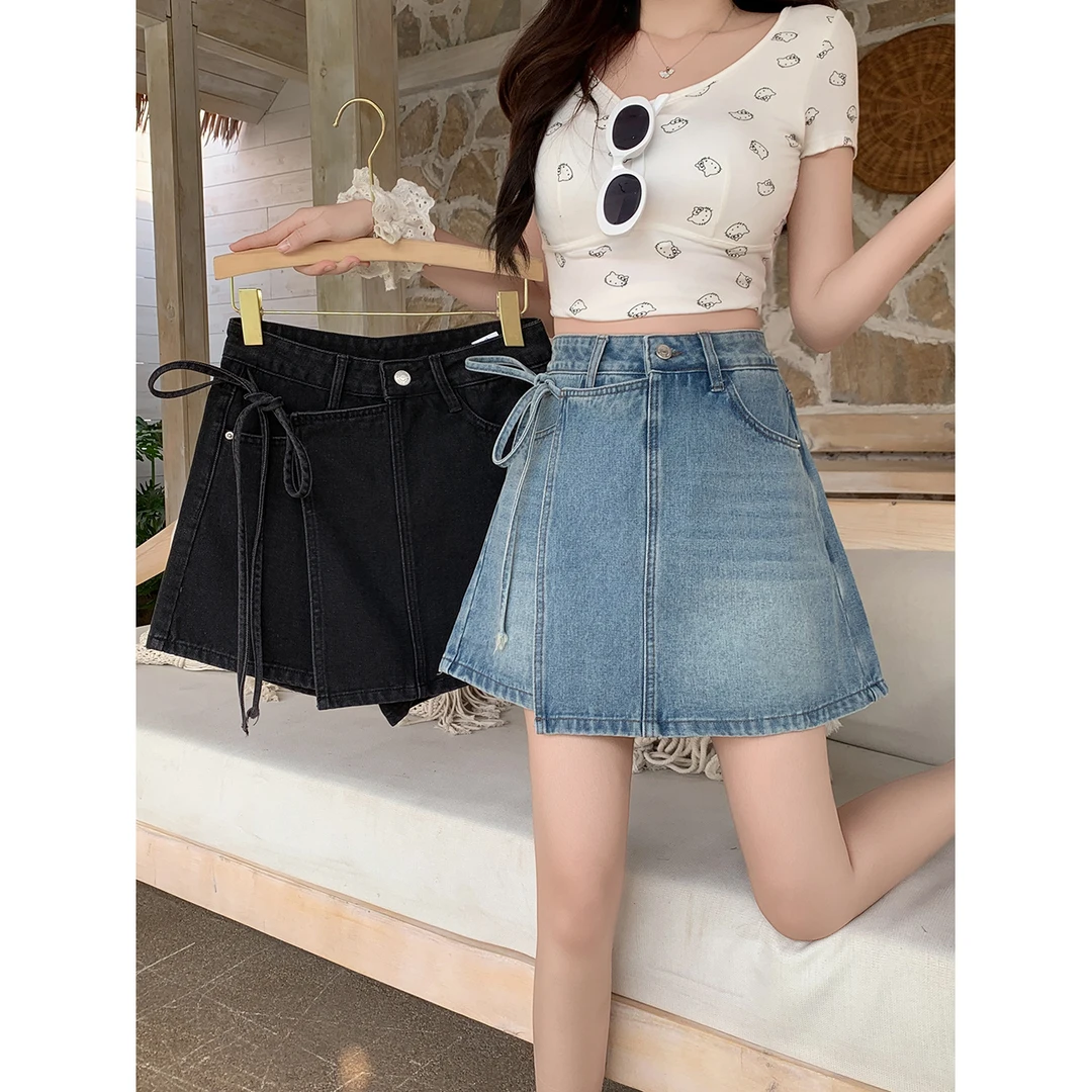 微胖妹妹大码女装2025夏季新款设计感蝴蝶结绑带假两件牛仔裙裤潮