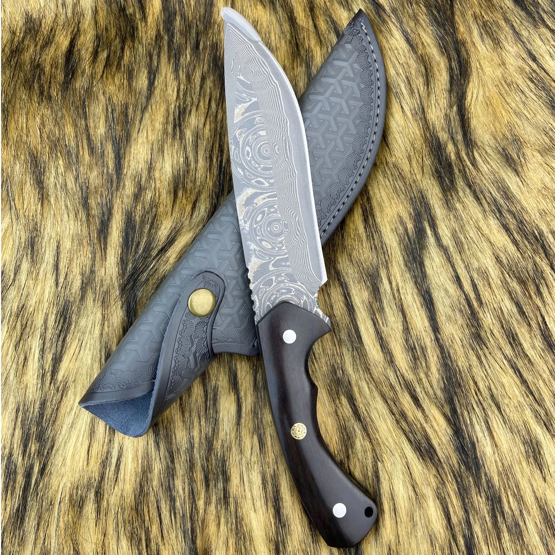 匠禾力-成品106号玫瑰纹锋利露营大马士革手工刀具-已开刃