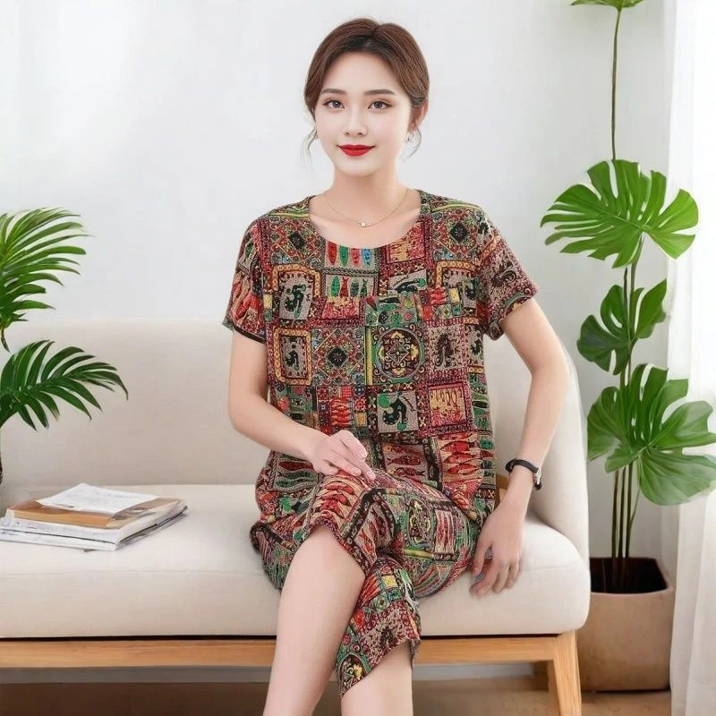 22妈妈装夏季薄款2025新款女士棉绸家居服套装中老年人短袖两件