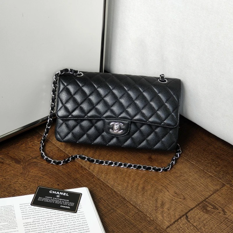 95新 Chanel/香奈儿 Azul-黑银荔枝皮CF中号单肩包/50045