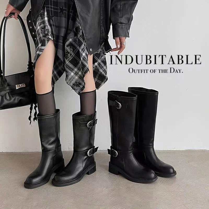 中筒靴长筒靴2025冬季新款真皮高筒女靴子厚底骑士靴大筒围瘦瘦靴