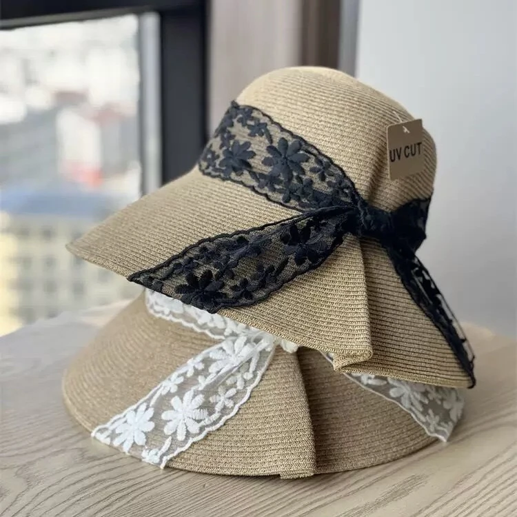 新款夏季网纱蕾丝蝴蝶结和纸遮阳帽