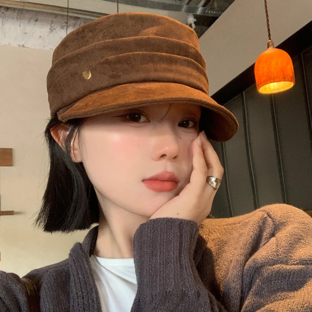 麂皮绒咖色平顶贝雷帽女秋冬显脸小马术帽大头围复古休闲报童帽子