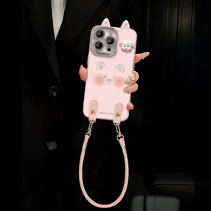 小狗公仔适用苹果16promax精孔羽纱纹手机壳华为vivooppo小米可爱