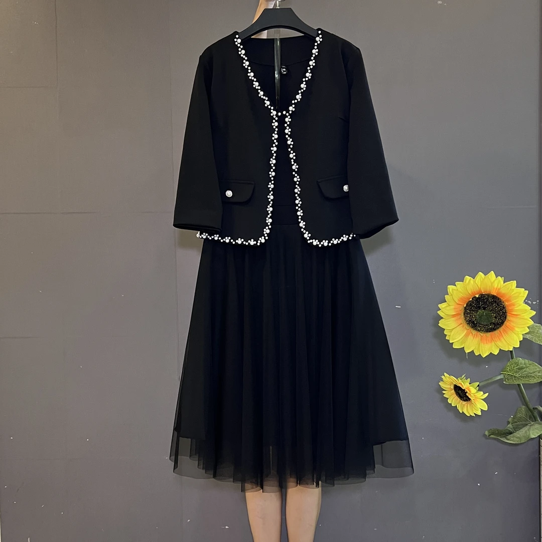 新款时尚重工钉珠西装外套➕吊带网纱连衣裙两件套套装