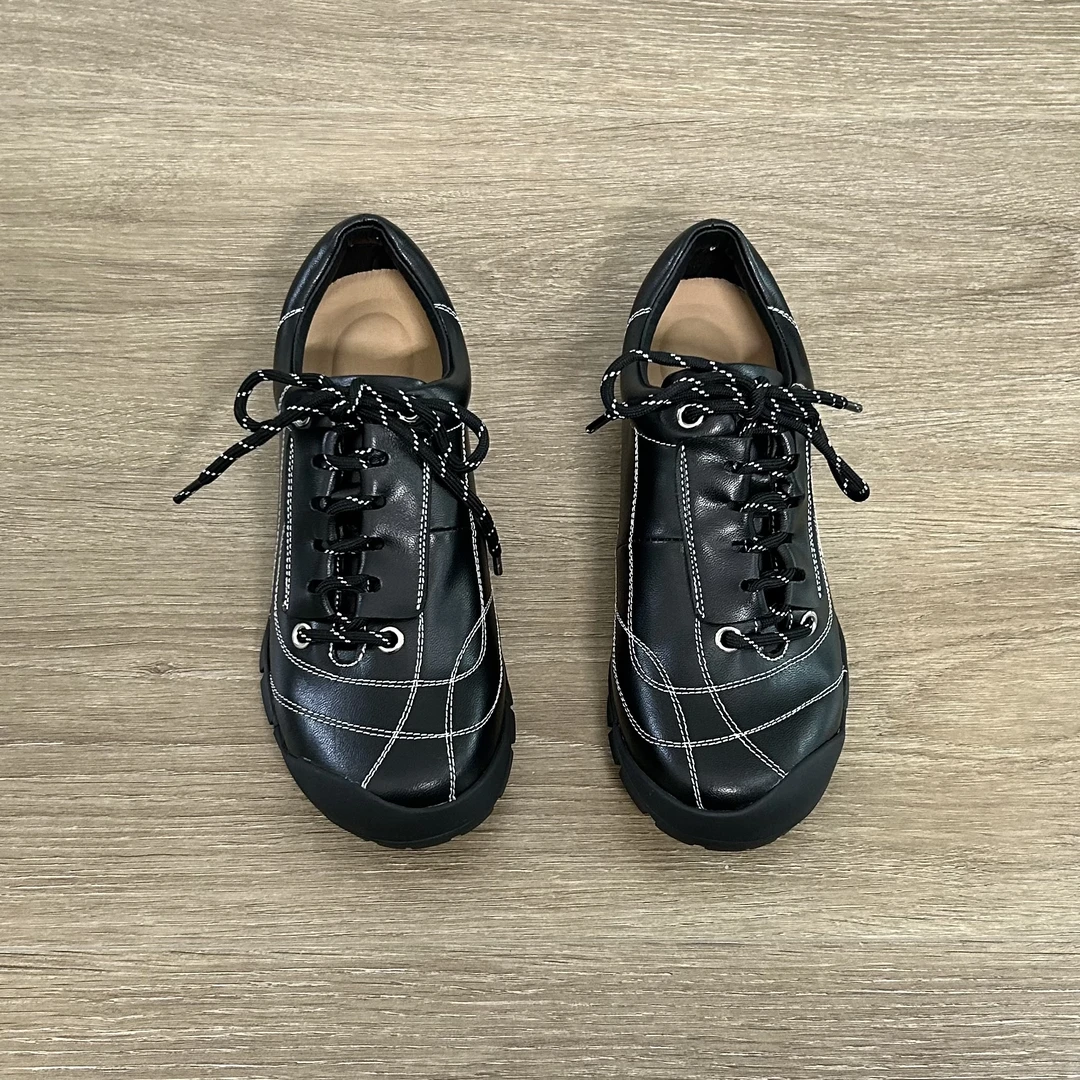 Dannyfrey新款网红风真皮系带休闲鞋女圆头复古德训鞋2.5CM