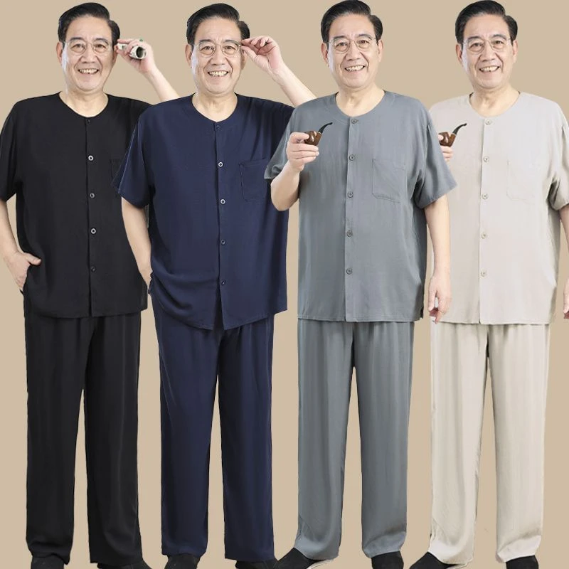 【店铺热销】中老年男士爸爸爷爷绵绸夏季薄款开衫短袖棉绸套装家