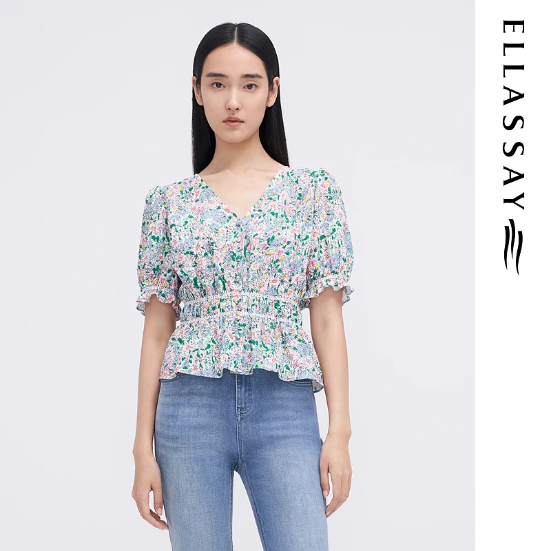 【晨粉专享价】歌力思夏季新款腰部打揽百搭时尚印花衬衫女C028