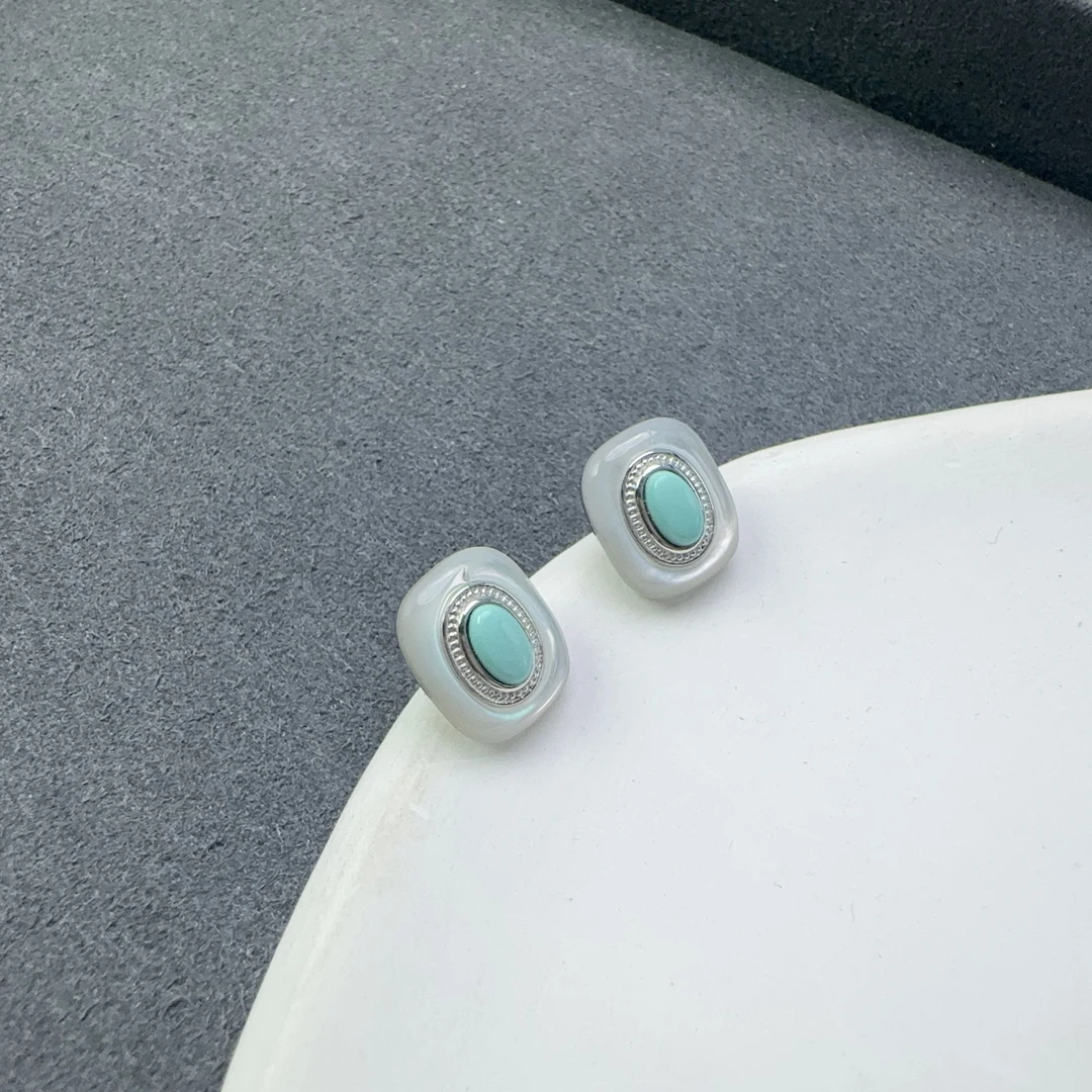 绿松石母贝耳钉S925银