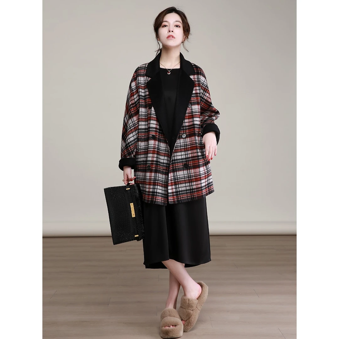 NZ赫本风时髦覆古格子双排扣双面羊绒大衣女短款小个子纯羊绒外套