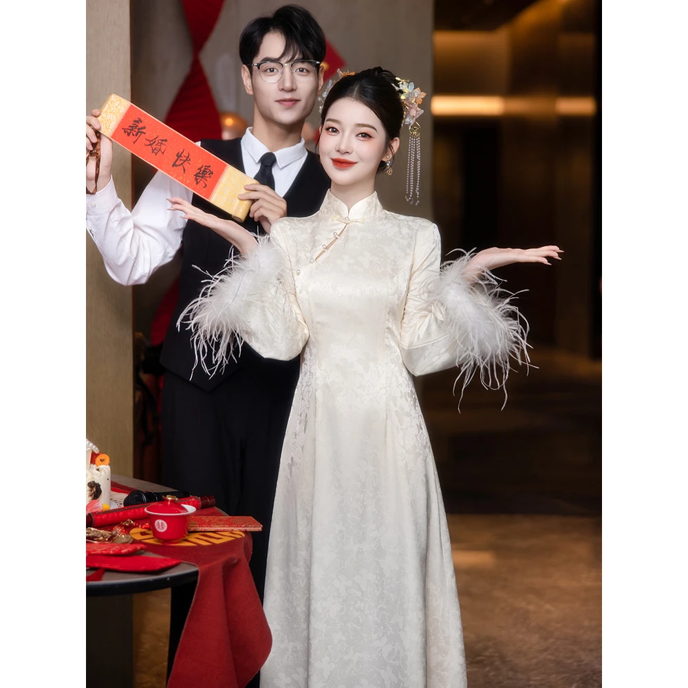 香槟色新中式旗袍敬酒服加绒加厚订婚结婚礼服裙女高级感回门婚礼