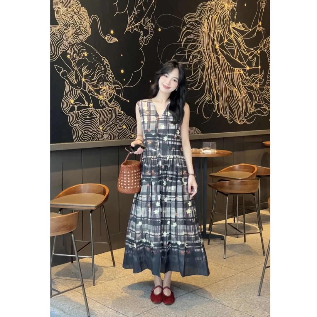 FAR ZOOM 莱赛尔纤维度假风V领印花无袖显瘦复古连衣裙