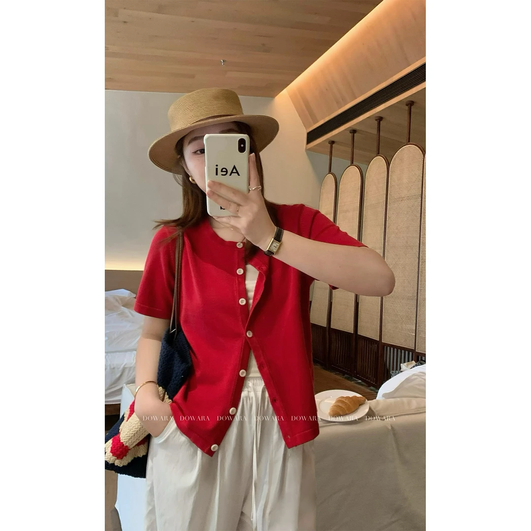 现货大婉酱微胖定制375g莱赛尔针织短袖开衫夏季百搭衣服女 6817D