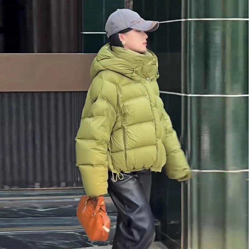 泡芙龟背绿色短款羽绒服女2024冬季新款90白鸭绒连帽面包服外套