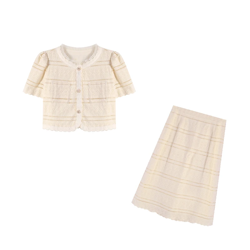 周周-杏色上衣气质蕾丝长半裙套装ZL94112裙子短款女装套装裙休闲