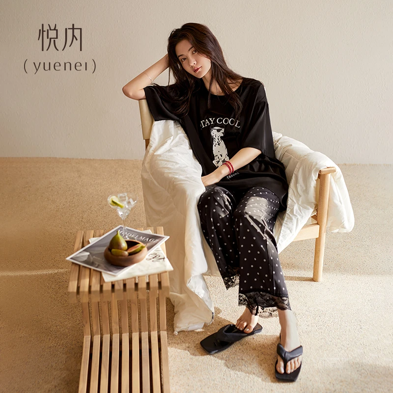 悦内带胸垫睡衣女款夏季夏天冰丝短袖长裤家居服时尚黑色薄款丝绸