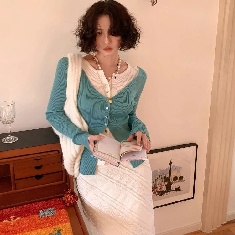 酒午自制1/6 20点 新品95折复古【花梦】假两件双层毛针织开衫上衣