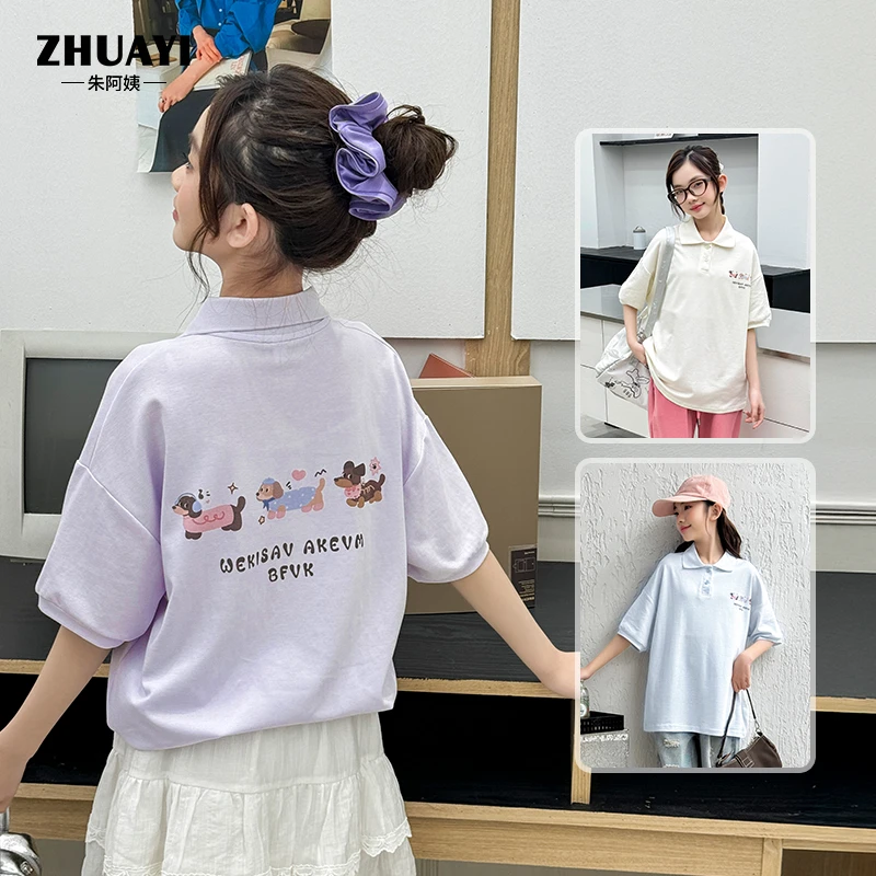朱阿姨2025夏季新品狗狗翻领短袖大童t恤洋气半袖宽松涂鸦