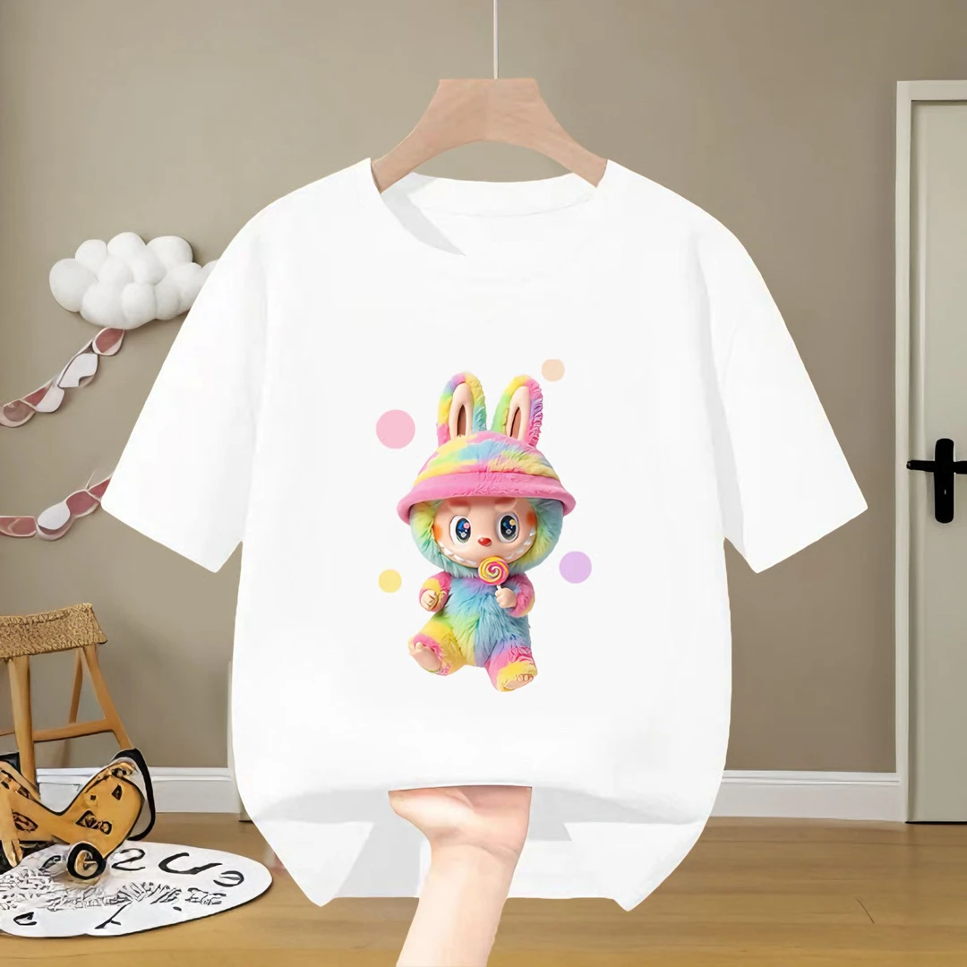 夏季童装纯棉拉布布labubu卡通百搭男女儿童圆领宽松短袖体恤上衣
