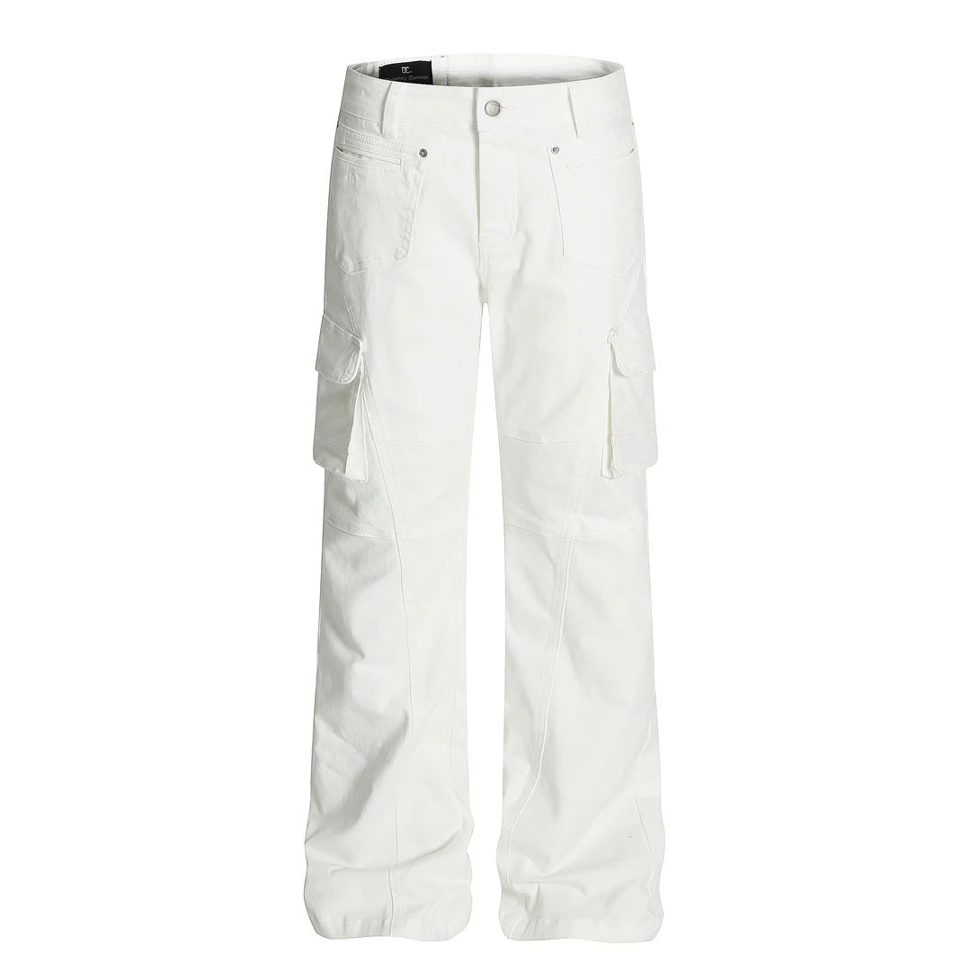 E23 美式复古白色多口袋微喇工装裤男潮牌直筒宽松休闲裤子男女