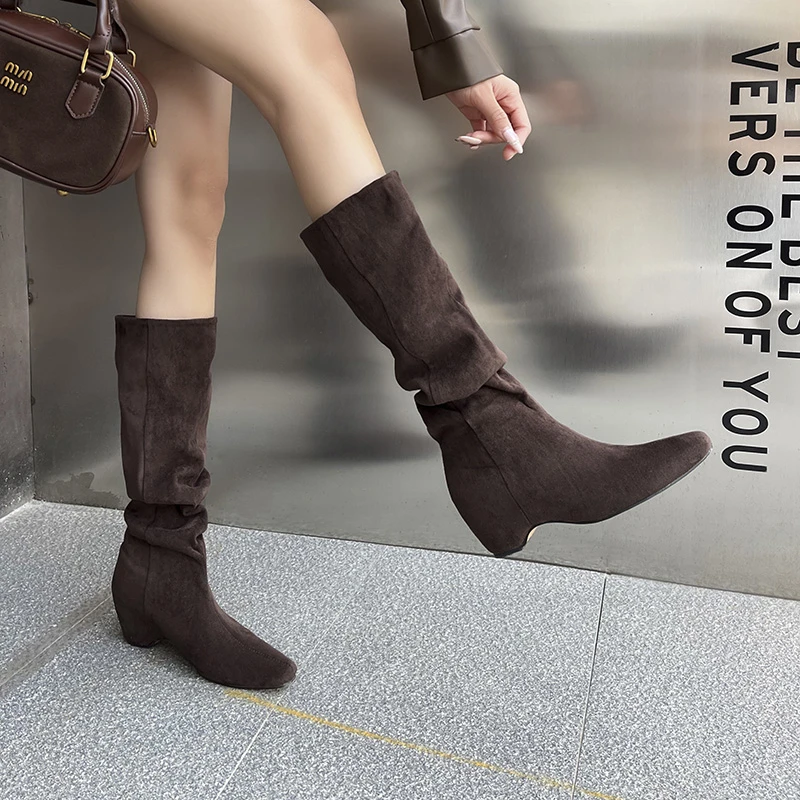 时尚显瘦时装靴尖头长筒靴单靴百搭弹力靴中筒长靴粗跟长筒靴女靴