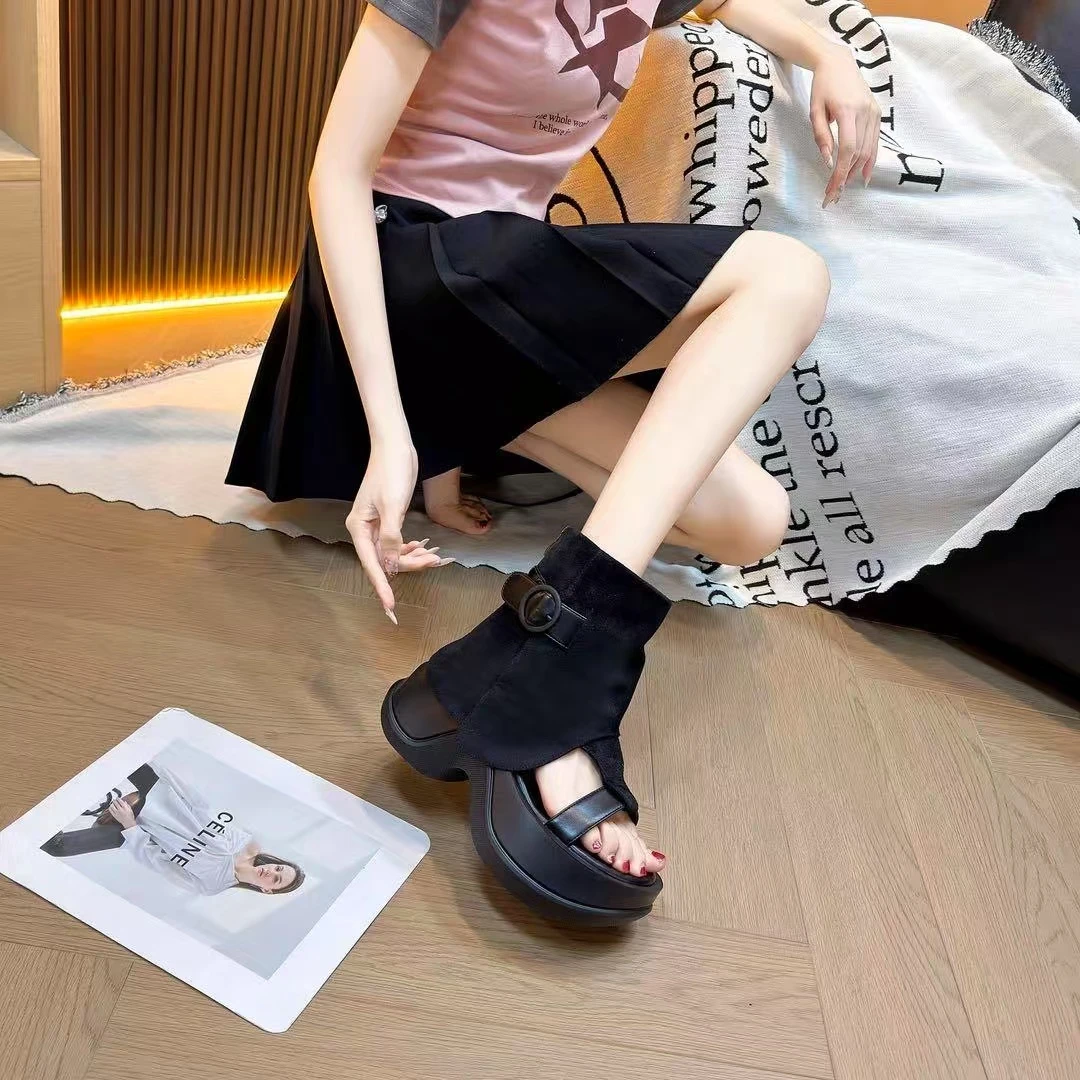 凉靴女夏款2025韩版露趾凉靴女堆堆靴厚底松糕增高西部牛仔靴短靴