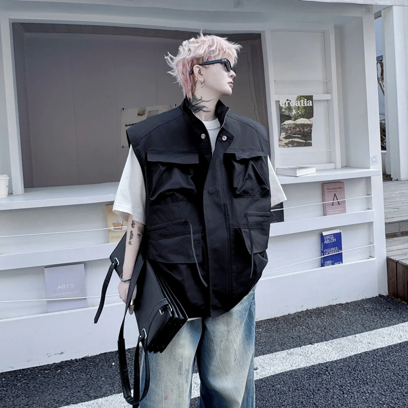 夏季美式立领工装马甲男小众立体口袋抽绳设计感痞帅无袖夹克背心