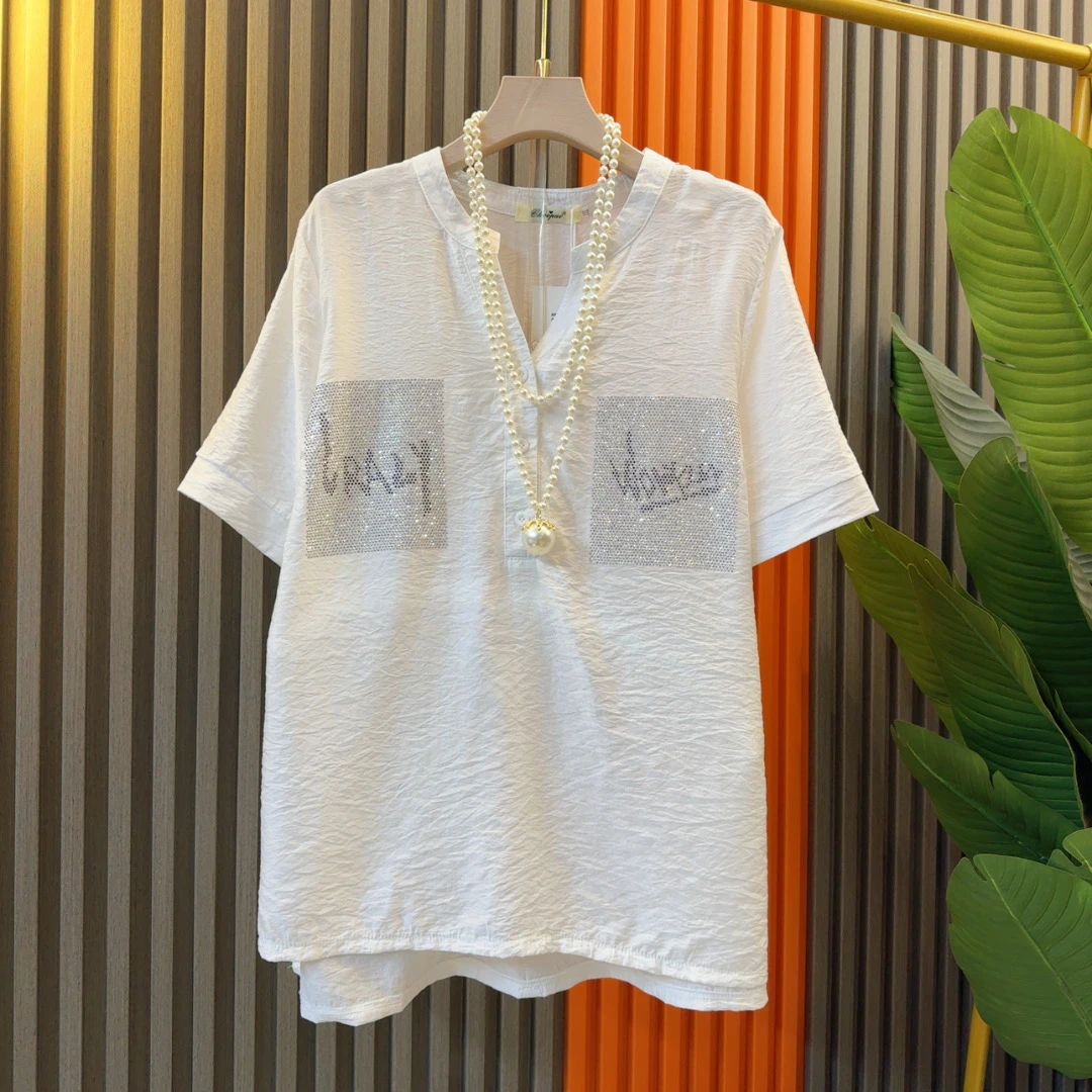 时尚休闲欧货新款烫钻设计感T恤衣长72左右宽松遮肉显瘦洋气上衣