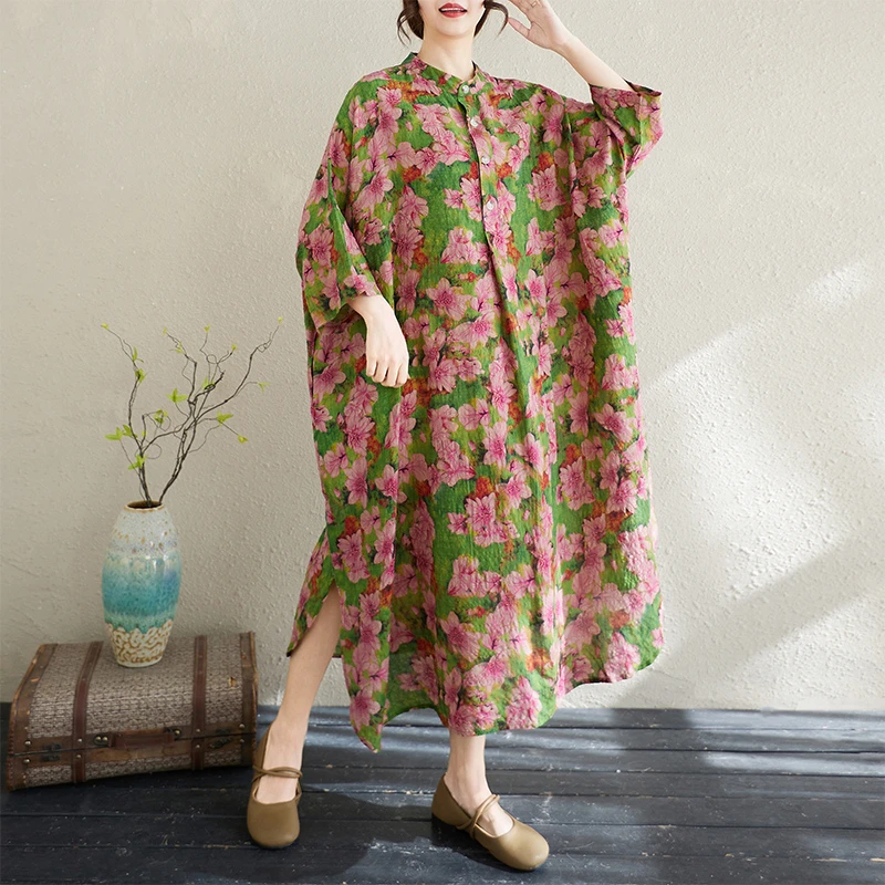 外贸出口旅游V领复古长裙秋季加肥加大花色度假风遮肉棉麻连衣裙