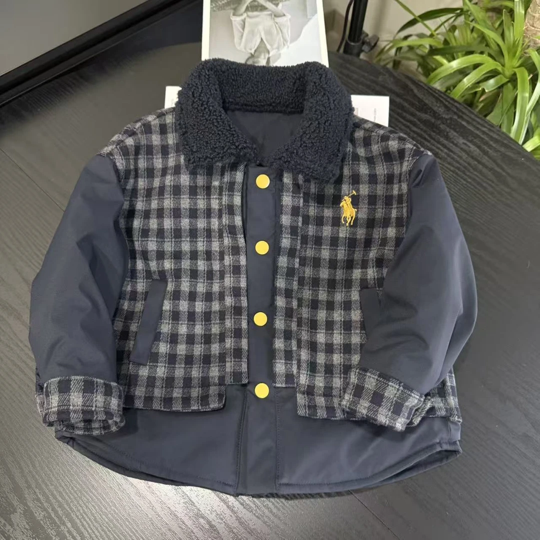 【棒嘟优优】男童加绒外套秋冬款2025新款儿童皮毛格子棉衣加厚086