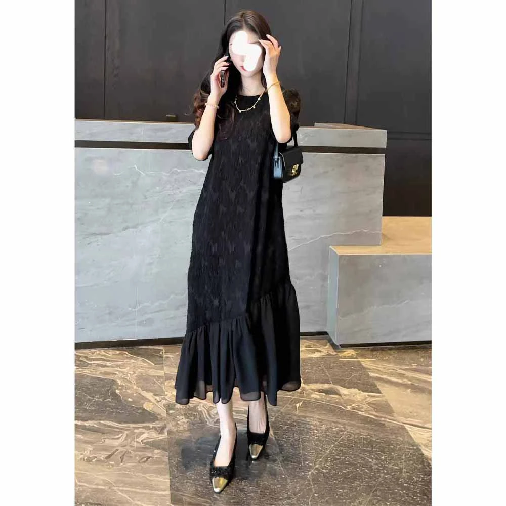 高级感黑色显瘦减龄短袖连衣裙女夏季法式拼接裙摆大码宽松长裙子