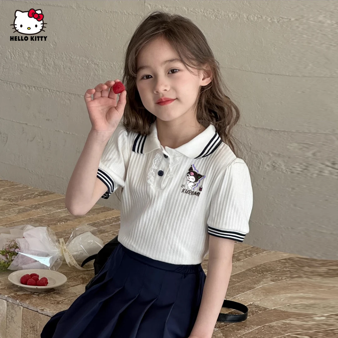 Hello Kitty酷洛米联名款女童夏季T恤2025新款中大童装学院风卡通