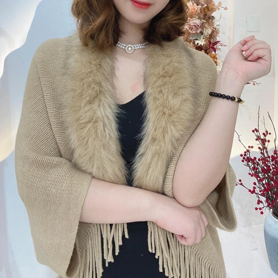 日本无印2025新款女士流苏毛领富贵披肩时尚百搭推荐厚保暖斗篷