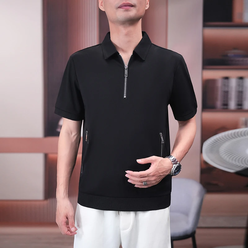 半拉链夏季新款男士轻奢百搭时尚高品质翻领拉链口袋短袖 F377