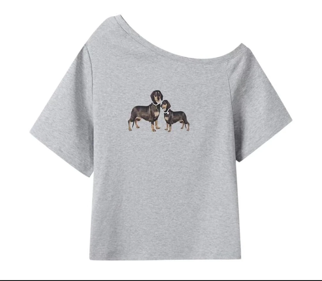 【运补6-8米】短袖T恤衫2025新款小狗印花宽松显瘦设计感斜肩上衣