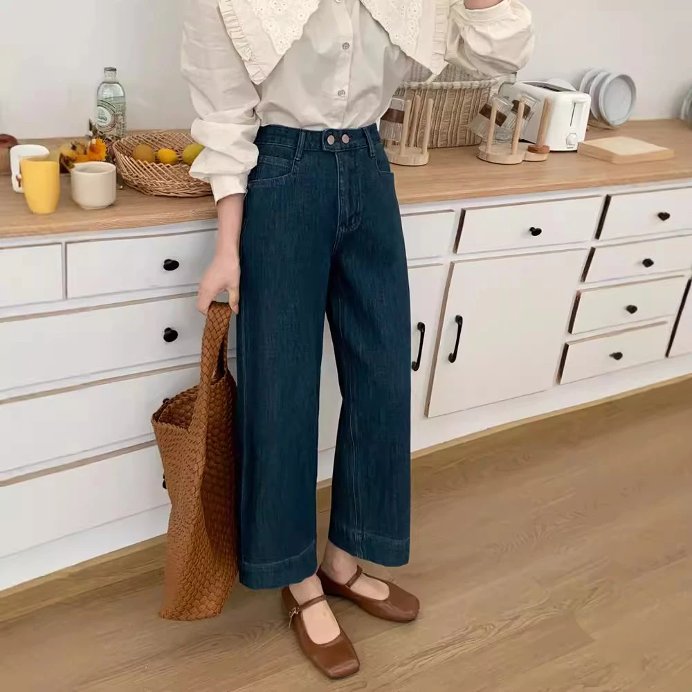 梨型身材深色直筒牛仔裤女夏季胖mm高腰大码九分显瘦阔腿裤奶奶裤
