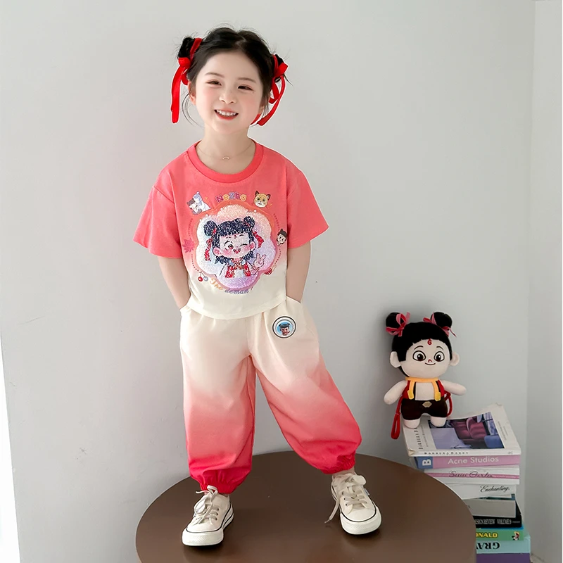 哪吒儿童服装t恤女童夏套装2025新款国潮风短袖女孩宝宝休闲裤潮