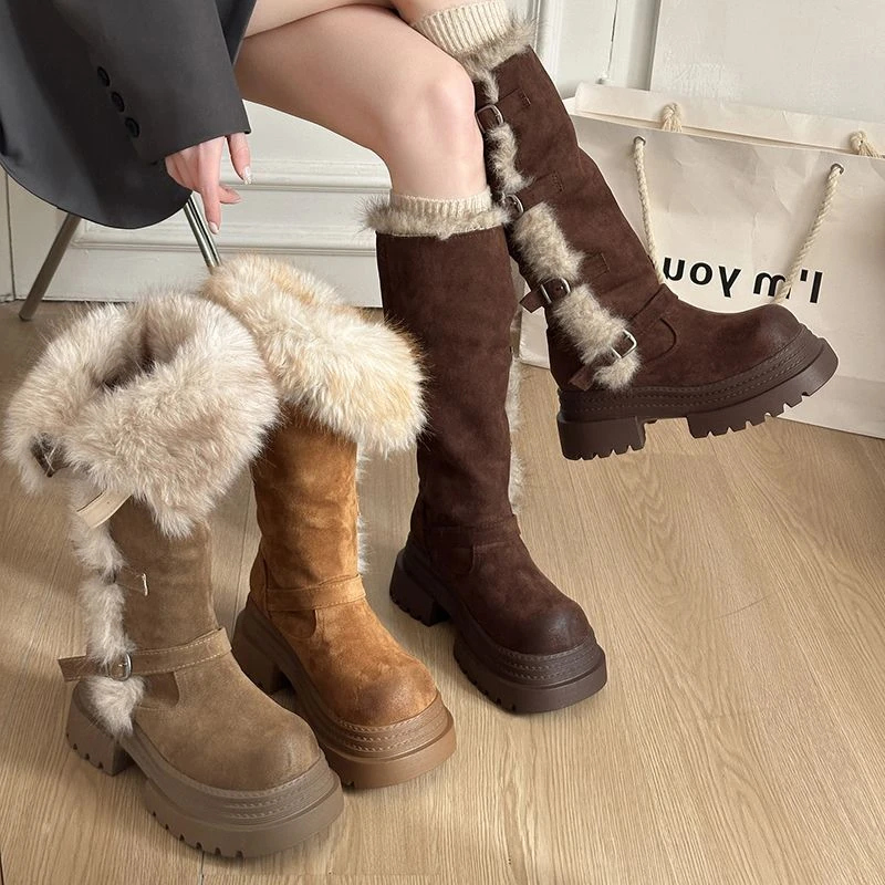 厚底两穿毛绒雪地靴女士2025冬季显瘦高筒加绒保暖防滑扣带长筒靴
