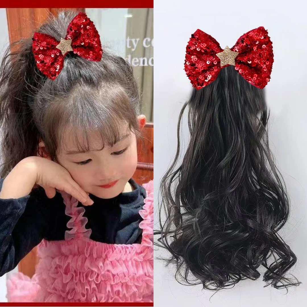 秋上新儿童假发红色金星蝴蝶结卷发30厘米洋气公主仿真发假发马尾