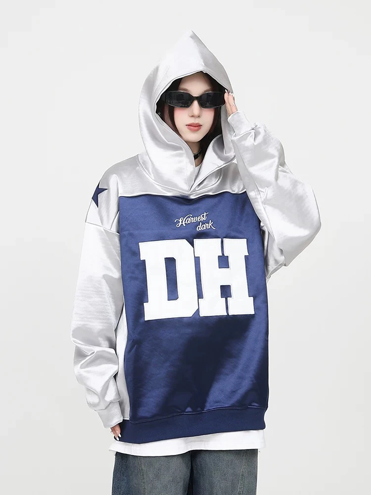 连帽拼接字母刺绣卫衣宽松美式长袖休闲套头上衣2445