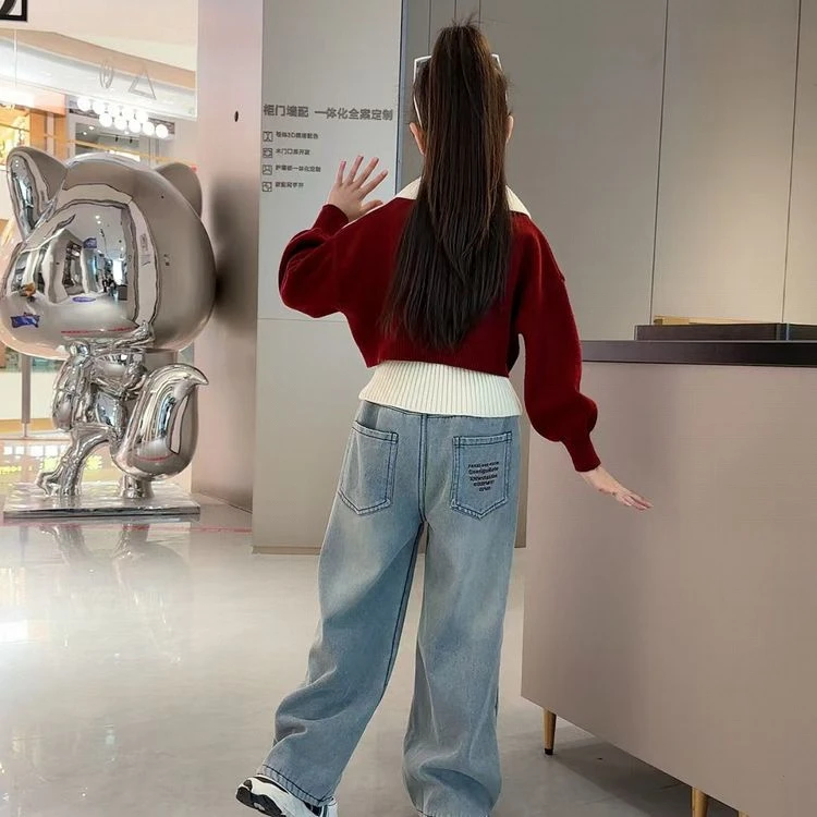 高品质秋冬新款阔腿针织设计感翻领宽松牛仔喇叭裤初中生秋季套装