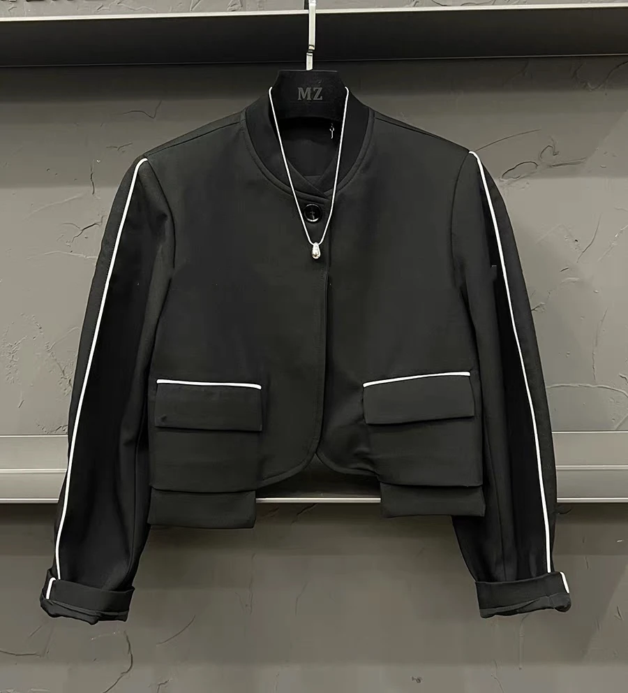 77083#撞色条纹设计短款夹克外套女秋季新款洋气