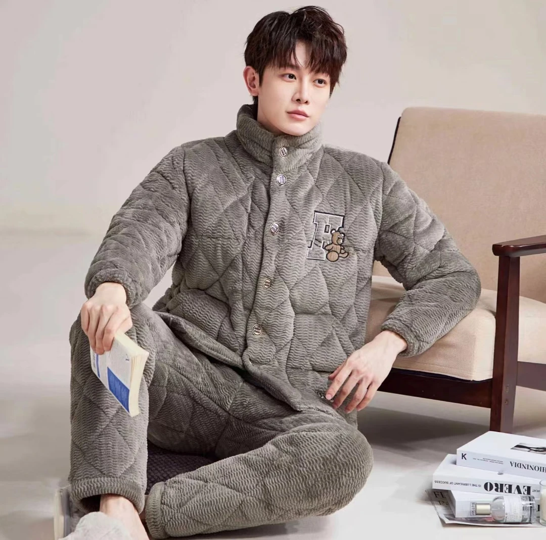2619三层夹棉加厚睡衣男士立领冬季加绒可外穿休闲保暖